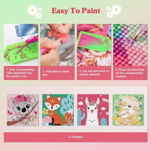 4 Pack Diamond Art Kits for Kids Adults Beginners, 5D Cartoon Animals Diamond Painting Kits for Kids, Mosaic Kits for Adults Beginner, DIY Full Round Drill Gem Art for Home Decor Kids Present 6X6 inch in Saudi Arabia