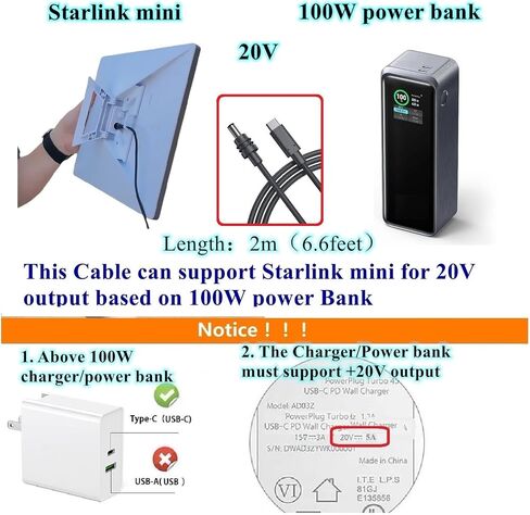 Starlink Mini Power Cord, Work with 100W PD Charger and PD Power Bank for Starlink Mini (6.6ft) in Kuwait