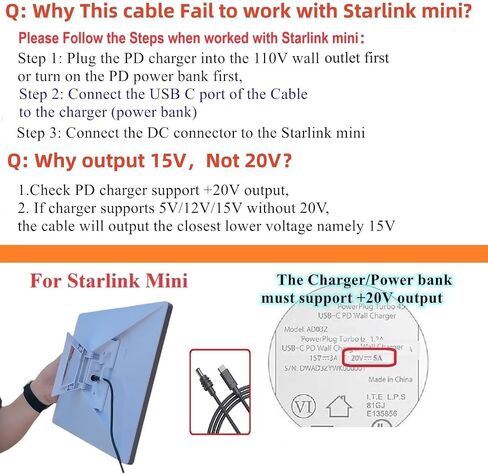 Starlink Mini Power Cord ، اعمل مع شاحن PD 100W وبنك PD Power لـ Starlink Mini (6.6 قدم) in Kuwait