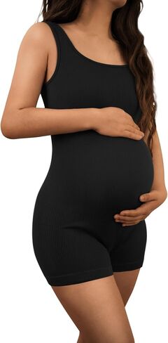 AIBIANOCEL Women's Maternity Bodysuit Pregnancy Shapewear Sleeveless Tank Top Shorts Ribbed Romper Jumpsuit in Saudi Arabia