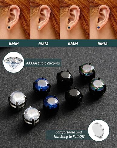 SIISPRI 4 Pairs Magnetic Stud Earrings for Men Stainless Steel Magnetic Earrings Men Clip on Earrings Non Piercing Earrings Unisex CZ Magnetic Earrings for Men 6MM in Kuwait