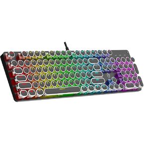 Typewriter Mechanical Gaming Keyboard with White Light Backlit Red Switches, 104 Keys Retro Round Keycap, Wired Typewriter Style Comfortable Typing Soud (Pink LED)