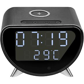 Multi-Functional Alarm Clock with Camera, Mini Camera 4K Cam Desktop Alarm Time & Temperature Display Wireless Charge, Motion Detection Camera Clock for Home & Office Use(No Audio)