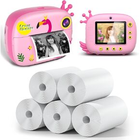 HANGRUI Instant Print Camera and 5 Rolls Refill Print Paper, 2.4 Inch IPS Screen Digital Camera for Kids, Portable Refill Print Paper, Boys Girls Christmas Birthday Gifts for Age 3-12