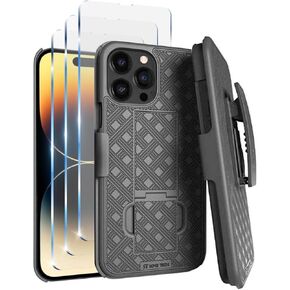 for Apple iPhone 14 Pro Case with Belt Clip Holster, Kickstand Case with 3-Pack Glasses for iPhone 14 Pro - Black