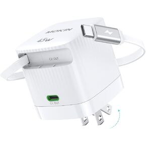 USB C Charger Block, 45W GaN Dual Port Fast Charging w/Built-in Retractable Cable & Foldable Plug, PD/PPS for Galaxy S24/iPhone 16Pro/MacBook Air/Steam Deck, Over-Heat Proof Compact Travel Charger