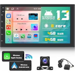Hikity 4+64G Android Car Stereo Double Din Radio with 9 Inch Touch Screen, Carplay Android Auto Radio with GPS Navigation/Mirror Link/DSP/Bluetooth+AHD Backup Camera
