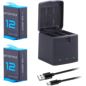 2-Pack Hero 12 Batteries with 3 Channel Battery Charging Station Power Fast Portable Accessory Fully for GoPro Hero 12, Hero 11, Hero 10, Hero 9 Black Sport Action Camera AHDBT-901