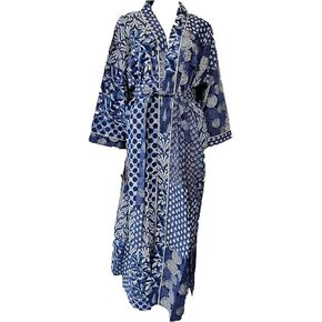 Cotton| Light Bathrobe | Dressing Gown | Long Kimono Robe Traditional Kimono for Women Blue
