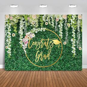 Green Leaves Flowers Graduation Backdrop 7x5ft Congrats Grad Greenery Wall Class of 2025 Prom Background Party Decorations Congratulate Graduation Banner Photo Booth Props