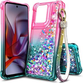مصمم لحالة موتورولا موتو G 2025 ، Glitter Floating Liquid Waterfall Girls Women Cute Phone Case with Diamond Lrist Strap Lanyard (Pink/Aqua)
