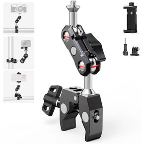 SOH Super Camera Clamp Mount, Aluminum Alloy Double Ball Head Magic Arm Adapter, Fence/Desk/Tripod Mount for Most Phone, for Insta360, for Gopro 13/12/11, DJI 5Pro/4/3 and Other Action Cameras