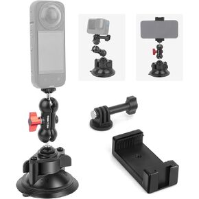 Camera Suction Cup Mount with Phone Holder,360°Ball Head Magic Arm for Windshield, Dashboard, Boat Mount for GoPro Hero 13/12/11/10/9/, DJI OSMO Action, Insta360 X4/X3