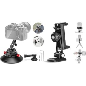 NEEWER 6" Camera Suction Mount with Ball Head Magic Arm, Metal Car Mount with Phone Tripod Mount Adapter with Arca QR Base Kit, CA013 + SP-02