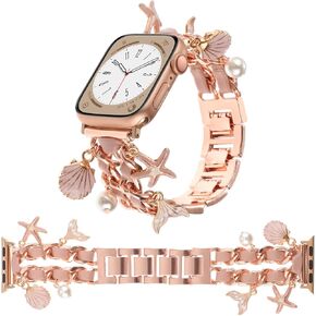 Stylish Metal Wristband Compatible with Apple Watch Band 38mm 40mm 41mm,Cuban Chain Band Starfish Shell Pearl Mermaid Tail Pendants Cute Strap for iWatch Series 9 8 7 6 5 4 3 2 1 SE for