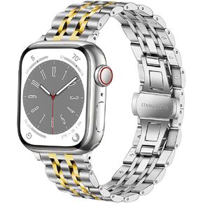 Bands Compatible with iWatch 42mm 44mm 45mm 49mm, Solid Stainless Steel Metal Replacement Strap for Apple Watch Series 9/8 / 7/6 / 5/4 / 3 / SE/Ultra Women Men (Rainbow)