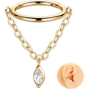 GAGABODY Septum Jewelry Conch Piercing Clicker Hoop 16 Gauge Earrings Septum Ring Clicker with Chain CZ 16G Nose Hoops Surgical Steel Helix Rook Cartilage Earring Ring