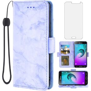 Asuwish Compatible with Samsung Galaxy J3 2016/J 3 V/J36V/Sky/Express Prime/Amp Prime Case and Tempered Glass Screen Protector Cover Card Holder Slot Marble Phone Cases for Glaxay Sol J3V J36 Black