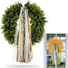 Wreath Ribbon Set - Christmas Tree Topper Decorative Bow & Assorted Ribbon for Wreaths - Clip-On Wreath Sash Ribbons Bundle for Indoor & Outdoor Use - Premium Wreath Making Supplies - Green/Natural