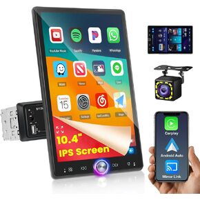 Hikity 10.4 Inch Car Stereo Single Din Carplay Rotatable Touchscreen Radio Wireless Carplay Android Auto Bluetooth FM RDS EQ SWC Backup Camera USB AUX