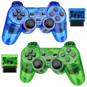Doueuain Wireless Controller لـ PS2 ، 2 Pack 2.4g مزدوج الاهتزاز لوحة عصا التحكم توافق مع Plays-Tation 2 ، لعبة PS2 عن بُعد مع أجهزة الاستقبال اللاسلكية （خضراء واضحة الأزرق）