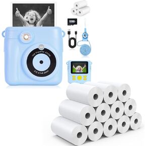 ASet of Blue Kids Instant Camera Print *1 and 12 Rolls Camera Refill Printer Paper *1