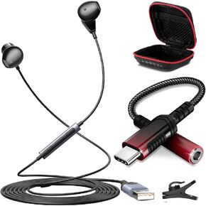 USB C Headphone Adapter and USB Earphone for PC Laptop Wired Earbuds Computer Headphones with Microphone