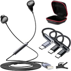 3-Pack USB C to 3.5mm Adapter and USB Earphone for PC Laptop Mignetic Wired Earbuds Computer Headphones with Microphone