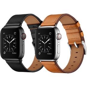 ouheng متوافق مع Apple Watch Band 49mm 46mm 45mm 44mm 42mm (Series 3 2 1) ، حزام بديل للفرقة الجلدية الأصلية متوافق مع Apple Watch (أسود/أسود+بني/فضية)
