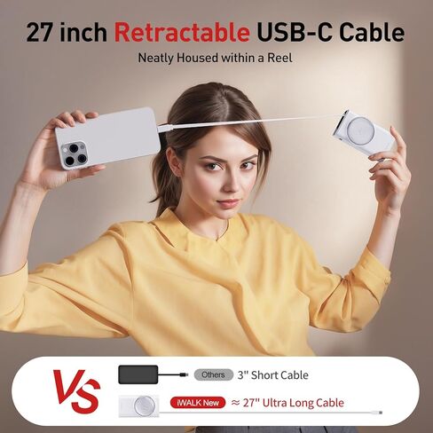 iWALK Portable Charger 10000mAh, 30W Fast Charging Power Bank with Built-in 2.3ft USB-C Retractable Cable, Battery Pack with 3 Outputs, Compatible with iPhone 16/15,Samsung Galaxy S25/24,iPad in Kuwait