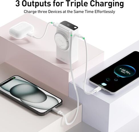 iWALK Portable Charger 10000mAh, 30W Fast Charging Power Bank with Built-in 2.3ft USB-C Retractable Cable, Battery Pack with 3 Outputs, Compatible with iPhone 16/15,Samsung Galaxy S25/24,iPad in Kuwait