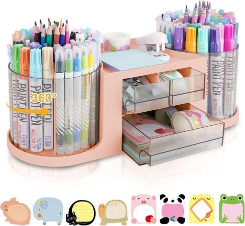 RETON Rotating Desk Organizer with 2 Pen Holder, Multi-Functional Pen Organizer for Desk with 3 Drawers, Desk Organizers and Accessories with 10 Slots Pencil Pen Holder for Desk Office School Home in Saudi Arabia