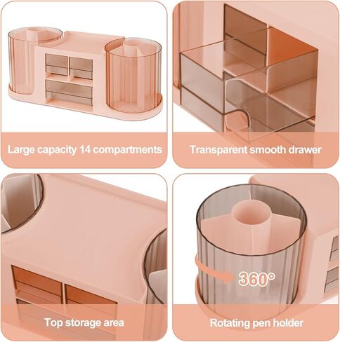 RETON Rotating Desk Organizer with 2 Pen Holder, Multi-Functional Pen Organizer for Desk with 3 Drawers, Desk Organizers and Accessories with 10 Slots Pencil Pen Holder for Desk Office School Home in Saudi Arabia
