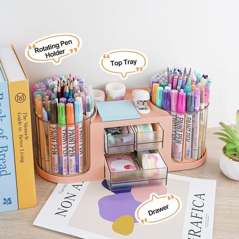 RETON Rotating Desk Organizer with 2 Pen Holder, Multi-Functional Pen Organizer for Desk with 3 Drawers, Desk Organizers and Accessories with 10 Slots Pencil Pen Holder for Desk Office School Home in Saudi Arabia