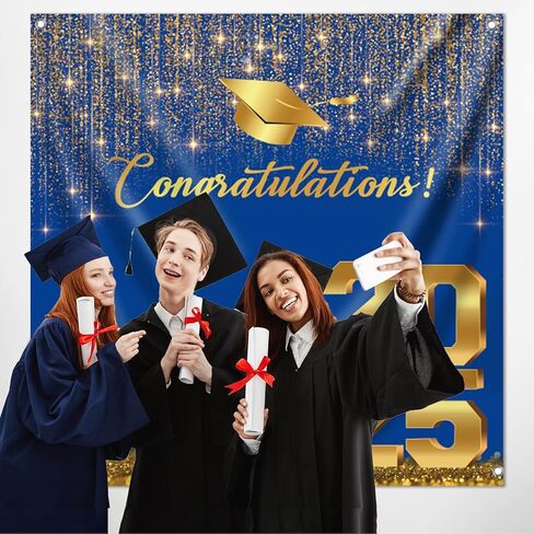 Class of 2025 Backdrop, 6 * 6 FT Graduation Photo Backdrop, Black and Gold Graduation Banner, 2025 Congratulations Banner for Photoshoot, Graduate Background Booth Props in Saudi Arabia