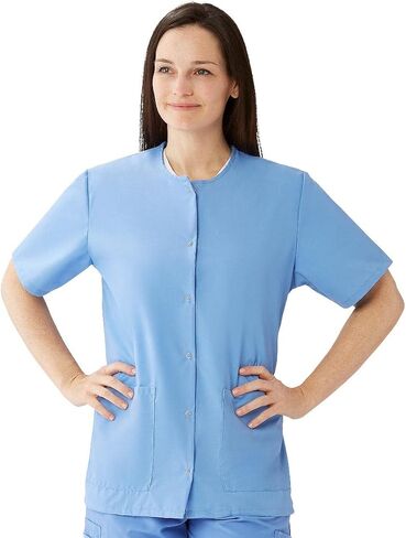 Medline AngelStat Women's Snap-Front Jewel-Neckline Scrub Top, 2 Pockets, Ciel Blue, Size X-Large in Saudi Arabia