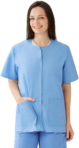 Medline AngelStat Women's Snap-Front Jewel-Neckline Scrub Top, 2 Pockets, Ciel Blue, Size X-Large in Saudi Arabia