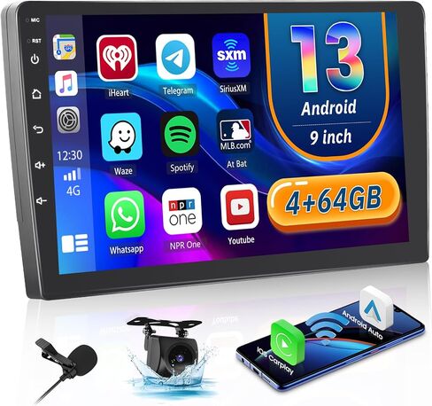Hikity 4+64g Android Car Stereo Double Din Radio مع شاشة تعمل باللمس 9 بوصات ، وراديو Carplay Android Auto مع GPS Navigation/Mirror Link/DSP/Bluetooth+AHD كاميرا احتياطية in Kuwait