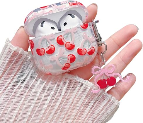 MINSCOSE Compatible with AirPods 4 Clear Case,Cute Cherry Bow Pretty Aesthetic Design with Keychain,Soft TPU Protective Shockproof Case for Women Girl for Airpods 4-Red in Kuwait