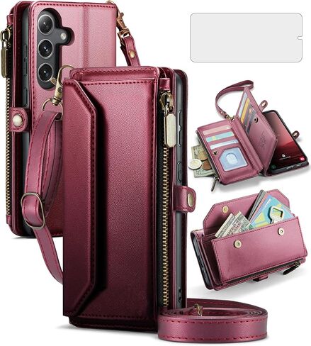 Asuwish Phone Case for Samsung Galaxy S25 5G Zipper Wallet Cover with Tempered Glass Screen Protector and Leather Flip RFID Blocking Card Holder Stand Cell Accessories S 25 25S G5 Women Girls Wine Red in Saudi Arabia