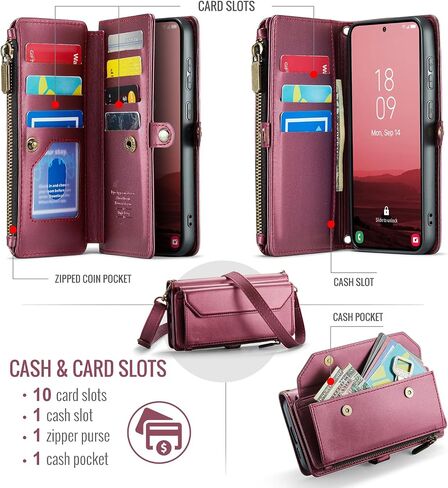 Asuwish Phone Case for Samsung Galaxy S25 5G Zipper Wallet Cover with Tempered Glass Screen Protector and Leather Flip RFID Blocking Card Holder Stand Cell Accessories S 25 25S G5 Women Girls Wine Red in Saudi Arabia