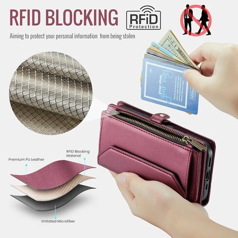 Asuwish Phone Case for Samsung Galaxy S25 5G Zipper Wallet Cover with Tempered Glass Screen Protector and Leather Flip RFID Blocking Card Holder Stand Cell Accessories S 25 25S G5 Women Girls Wine Red in Saudi Arabia