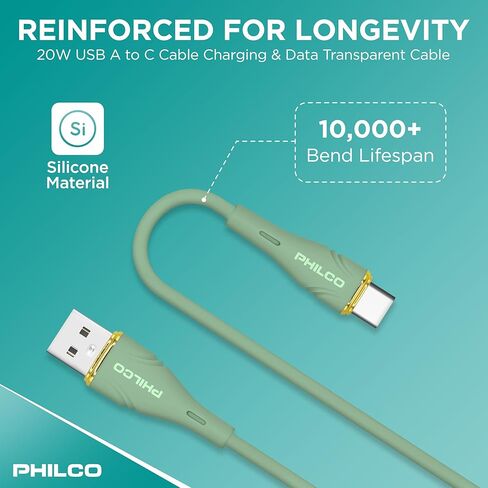 Philco USB to USB C Cable, 20W Type C Fast Charging, Soft-Touch Silicone Cord, Durable, Tangle-Free Power Cable for MacBook, iPhone 16, iPad, Samsung, Android & More 4FT. (2PK.,Green) in Kuwait