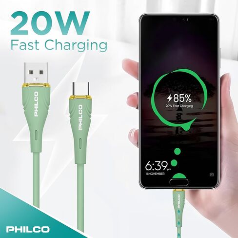 Philco USB to USB C Cable, 20W Type C Fast Charging, Soft-Touch Silicone Cord, Durable, Tangle-Free Power Cable for MacBook, iPhone 16, iPad, Samsung, Android & More 4FT. (2PK.,Green) in Kuwait