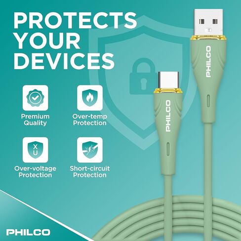 Philco USB to USB C Cable, 20W Type C Fast Charging, Soft-Touch Silicone Cord, Durable, Tangle-Free Power Cable for MacBook, iPhone 16, iPad, Samsung, Android & More 4FT. (2PK.,Green) in Kuwait
