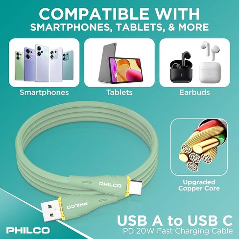 Philco USB to USB C Cable, 20W Type C Fast Charging, Soft-Touch Silicone Cord, Durable, Tangle-Free Power Cable for MacBook, iPhone 16, iPad, Samsung, Android & More 4FT. (2PK.,Green) in Kuwait