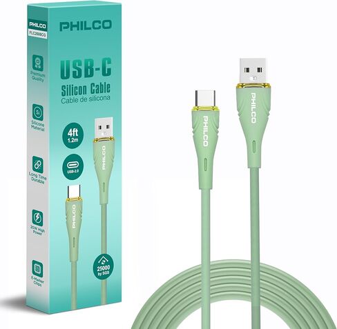 Philco USB to USB C Cable, 20W Type C Fast Charging, Soft-Touch Silicone Cord, Durable, Tangle-Free Power Cable for MacBook, iPhone 16, iPad, Samsung, Android & More 4FT. (2PK.,Green) in Kuwait