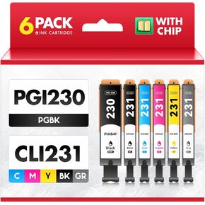 PGI-230XL CLI-231XL High Yield Ink Cartridge Combo 6 Pack Compatible for Canon PGI 230 CLI 231 XL Ink Cartridges to use with Canon PIXMA TS8820 Inkjet Printer (PGBK, Black, Cyan, Magenta, Yellow,Gray)