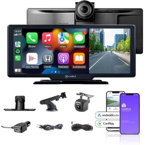 شاشة CarPlay المحمولة اللاسلكية - 10.26 "شاشة IPS مع عكس الشاشة ، Bluetooth ، Android Auto ، 4K Front + 1080p الخلفي ، وكاميرا النسخ الاحتياطي. يتضمن تطبيق مصاحب للميزات المحسنة.