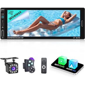 6.9 Inch Single Din Touchscreen Radio car Stereo with Bluetooth with Wireless Carplay Android Auto, 1 Din Receiver Radio car Stereo with Backup Camera FM/SWC/EQ/Mirror Link/MIC/Type-C & USB Port